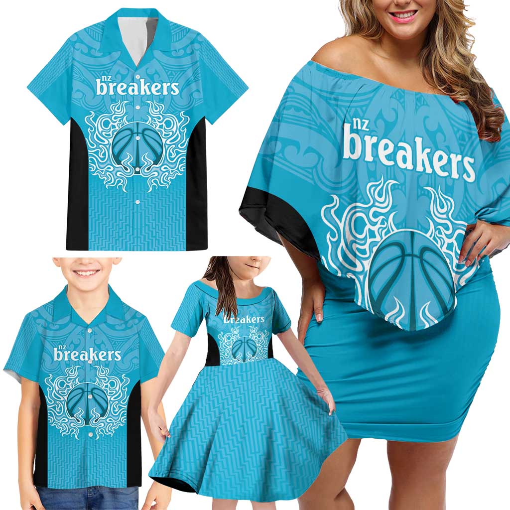 New Zealand Custom Family Matching Off Shoulder Short Dress and Hawaiian Shirt Fire Basketball Maori Tribal Sky Blue - Aussie Hoodie