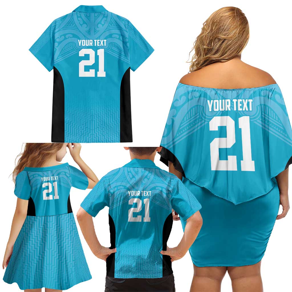 New Zealand Custom Family Matching Off Shoulder Short Dress and Hawaiian Shirt Fire Basketball Maori Tribal Sky Blue - Aussie Hoodie