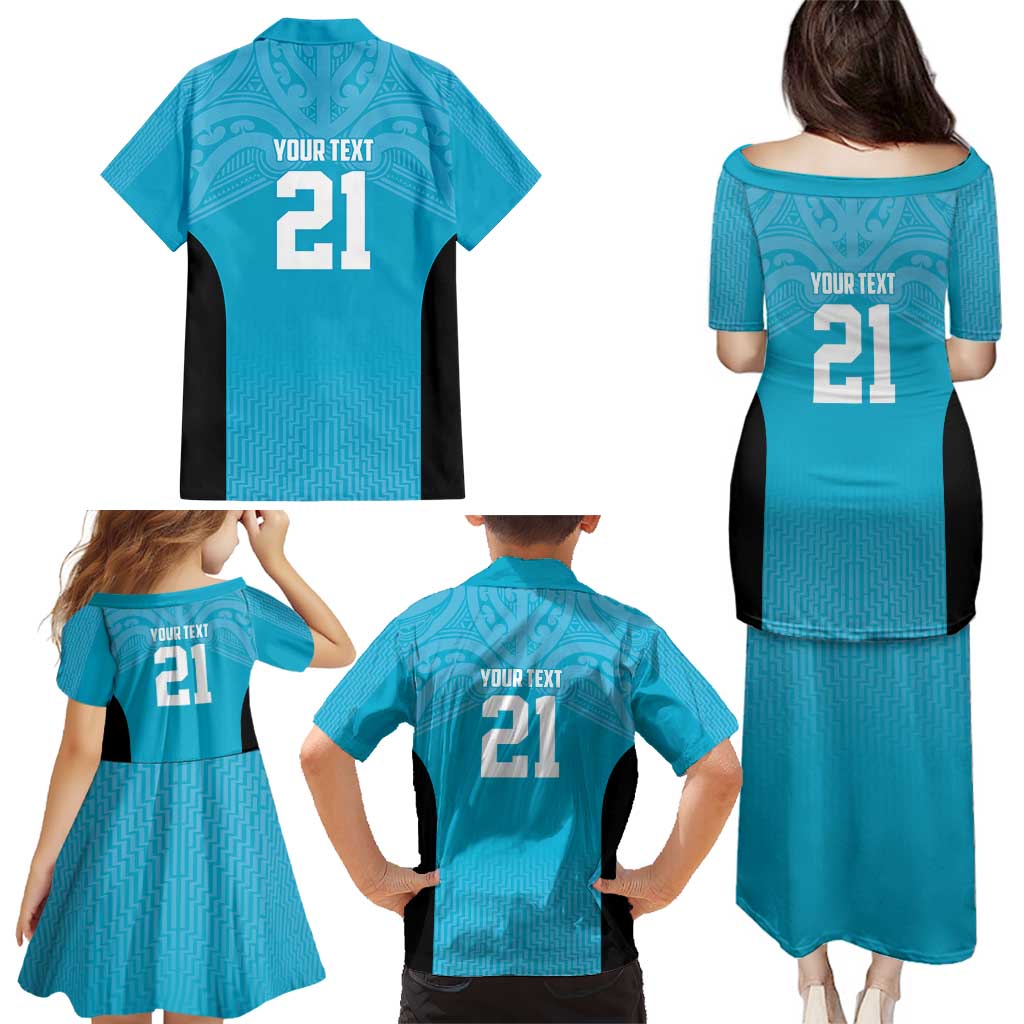 New Zealand Custom Family Matching Puletasi and Hawaiian Shirt Fire Basketball Maori Tribal Sky Blue - Aussie Hoodie