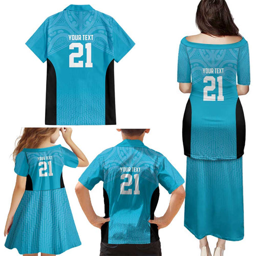 New Zealand Custom Family Matching Puletasi and Hawaiian Shirt Fire Basketball Maori Tribal Sky Blue - Aussie Hoodie