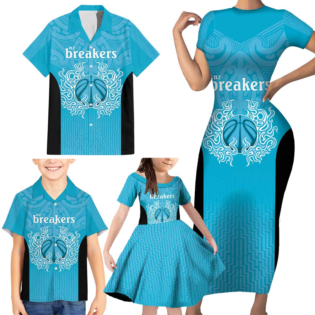New Zealand Custom Family Matching Short Sleeve Bodycon Dress and Hawaiian Shirt Fire Basketball Maori Tribal Sky Blue - Aussie Hoodie