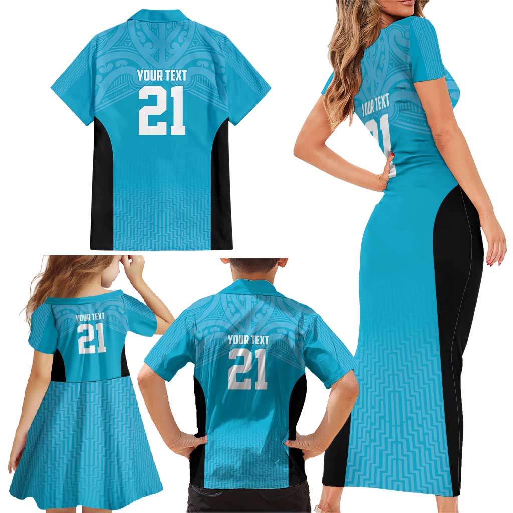 New Zealand Custom Family Matching Short Sleeve Bodycon Dress and Hawaiian Shirt Fire Basketball Maori Tribal Sky Blue - Aussie Hoodie