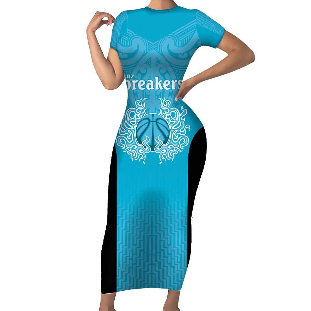 New Zealand Custom Family Matching Short Sleeve Bodycon Dress and Hawaiian Shirt Fire Basketball Maori Tribal Sky Blue - Aussie Hoodie