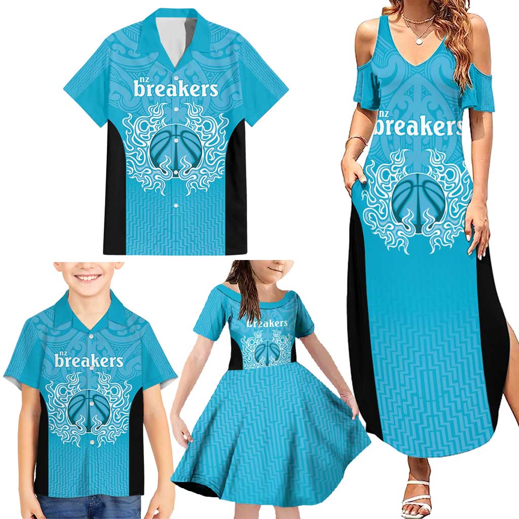 New Zealand Custom Family Matching Summer Maxi Dress and Hawaiian Shirt Fire Basketball Maori Tribal Sky Blue - Aussie Hoodie