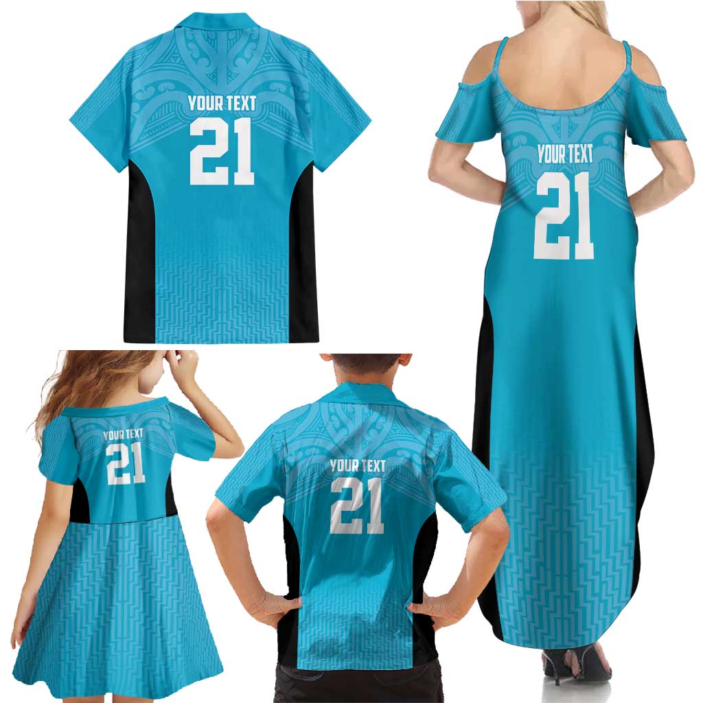 New Zealand Custom Family Matching Summer Maxi Dress and Hawaiian Shirt Fire Basketball Maori Tribal Sky Blue - Aussie Hoodie