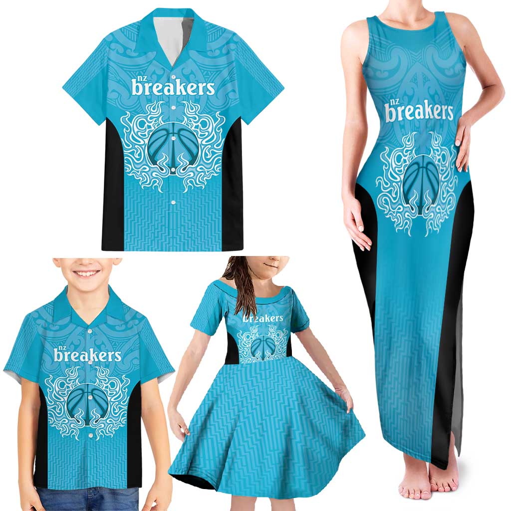 New Zealand Custom Family Matching Tank Maxi Dress and Hawaiian Shirt Fire Basketball Maori Tribal Sky Blue - Aussie Hoodie