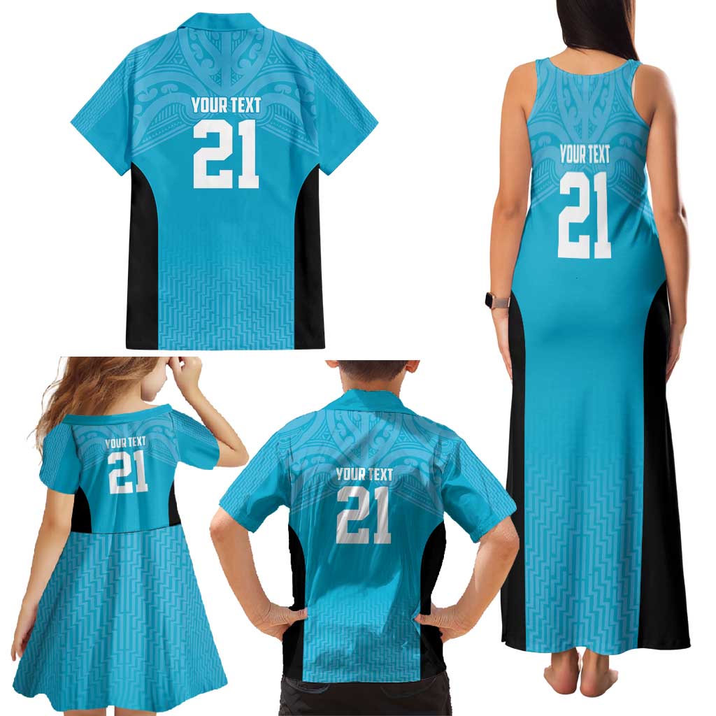 New Zealand Custom Family Matching Tank Maxi Dress and Hawaiian Shirt Fire Basketball Maori Tribal Sky Blue - Aussie Hoodie
