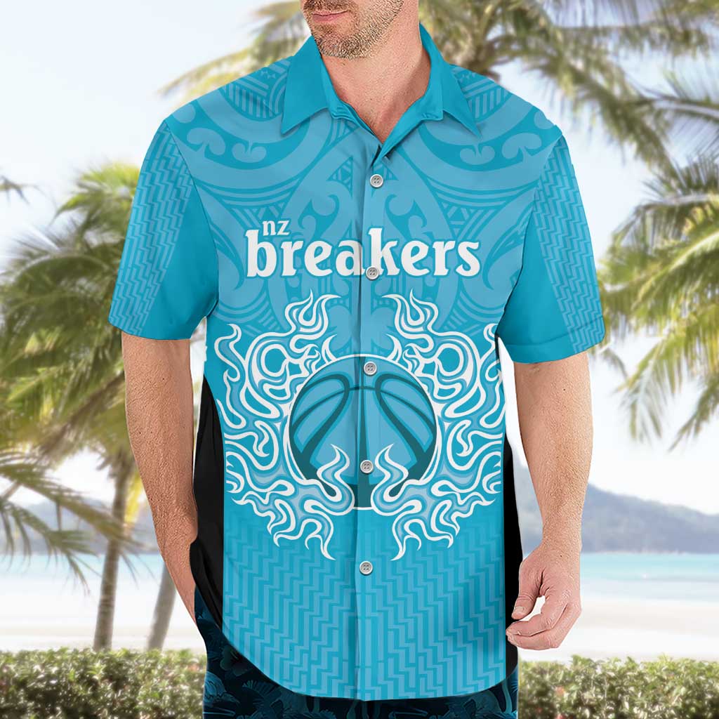 New Zealand Custom Hawaiian Shirt Fire Basketball Maori Tribal Sky Blue - Aussie Hoodie