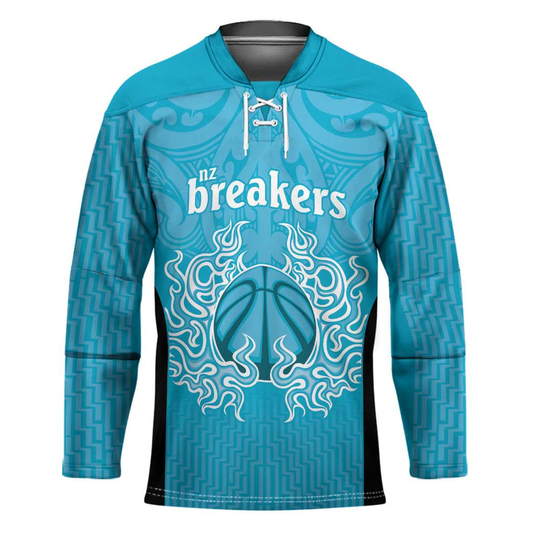 New Zealand Custom Hockey Jersey Fire Basketball Maori Tribal Sky Blue - Aussie Hoodie