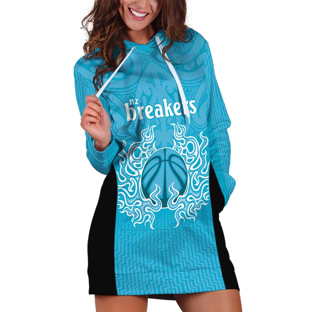 New Zealand Custom Hoodie Dress Fire Basketball Maori Tribal Sky Blue - Aussie Hoodie