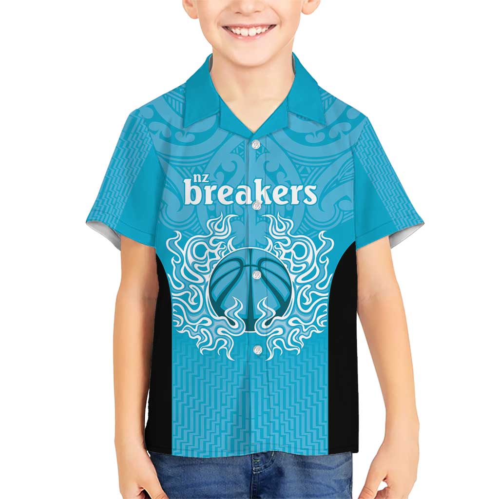 New Zealand Custom Kid Hawaiian Shirt Fire Basketball Maori Tribal Sky Blue - Aussie Hoodie