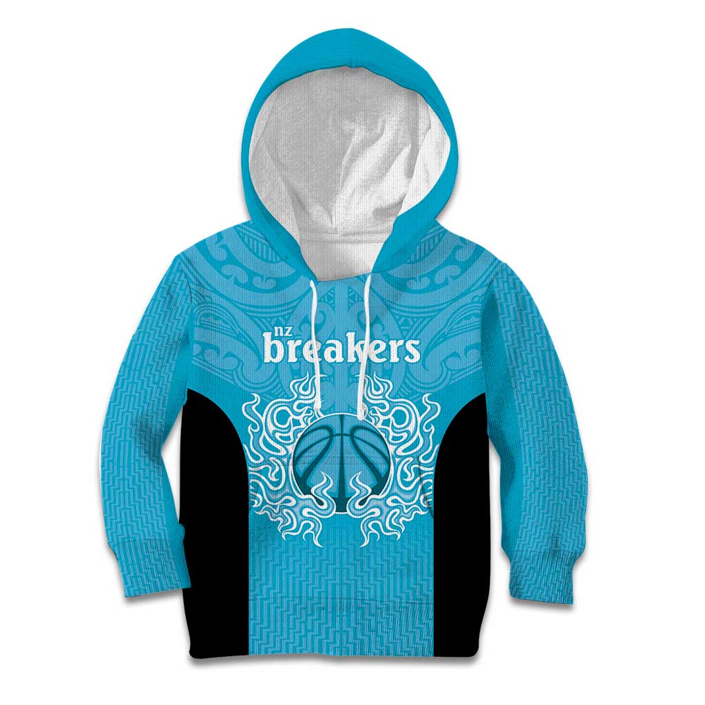 New Zealand Custom Kid Hoodie Fire Basketball Maori Tribal Sky Blue - Aussie Hoodie