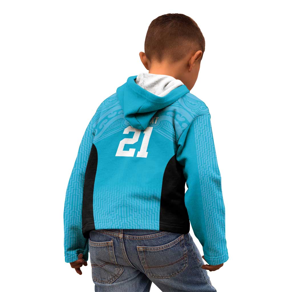 New Zealand Custom Kid Hoodie Fire Basketball Maori Tribal Sky Blue - Aussie Hoodie