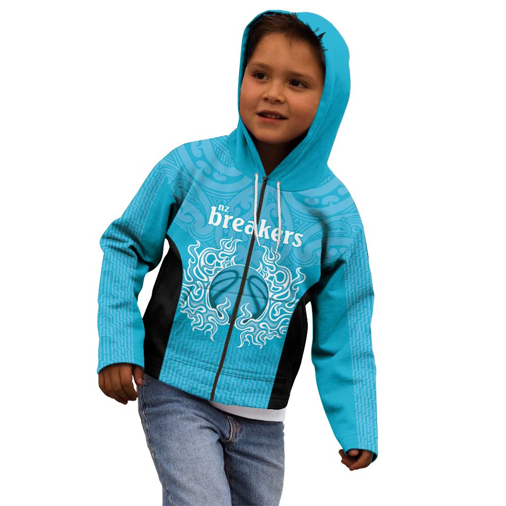 New Zealand Custom Kid Hoodie Fire Basketball Maori Tribal Sky Blue - Aussie Hoodie