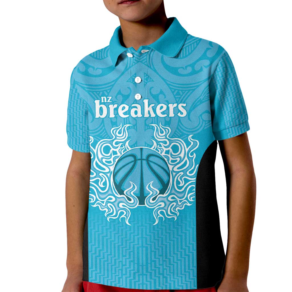 New Zealand Custom Kid Polo Shirt Fire Basketball Maori Tribal Sky Blue - Aussie Hoodie