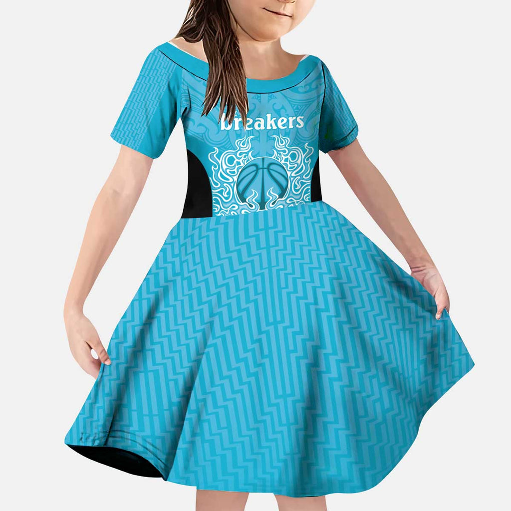 New Zealand Custom Kid Short Sleeve Dress Fire Basketball Maori Tribal Sky Blue - Aussie Hoodie