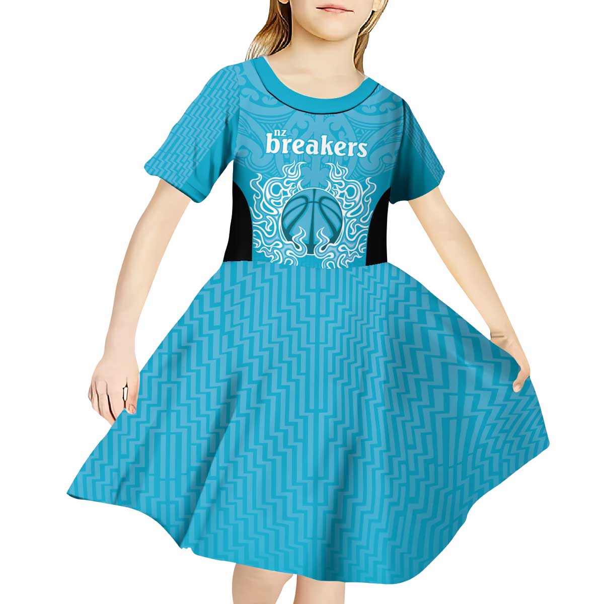 New Zealand Custom Kid Short Sleeve Dress Fire Basketball Maori Tribal Sky Blue - Aussie Hoodie