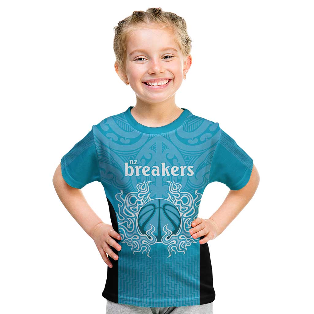 New Zealand Custom Kid T Shirt Fire Basketball Maori Tribal Sky Blue - Aussie Hoodie