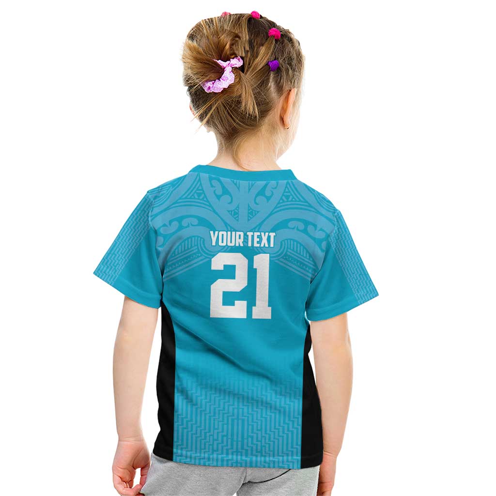 New Zealand Custom Kid T Shirt Fire Basketball Maori Tribal Sky Blue - Aussie Hoodie