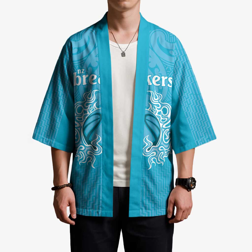 New Zealand Custom Kimono Fire Basketball Maori Tribal Sky Blue - Aussie Hoodie