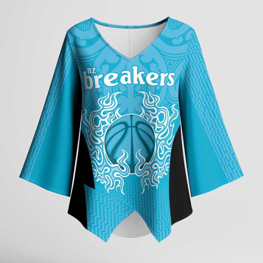 New Zealand Custom Kimono Sleeve Blouse Fire Basketball Maori Tribal Sky Blue - Aussie Hoodie