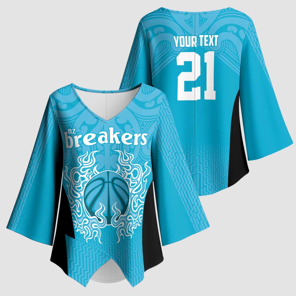 New Zealand Custom Kimono Sleeve Blouse Fire Basketball Maori Tribal Sky Blue - Aussie Hoodie
