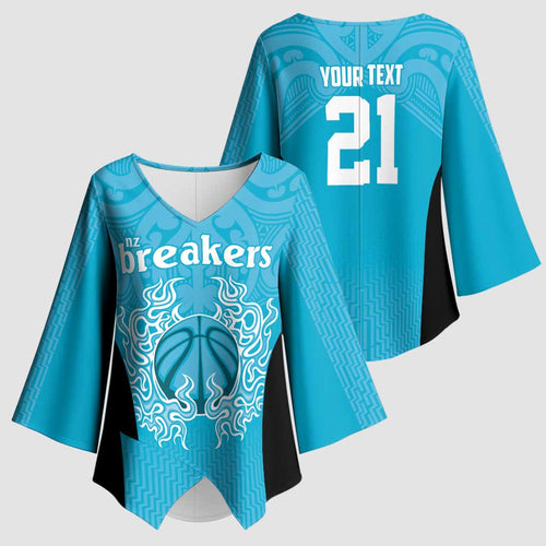 New Zealand Custom Kimono Sleeve Blouse Fire Basketball Maori Tribal Sky Blue - Aussie Hoodie