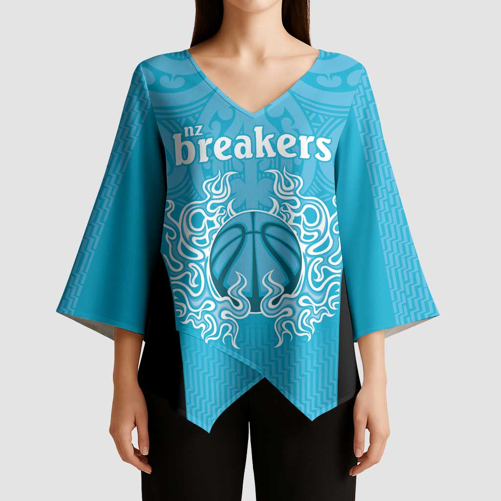 New Zealand Custom Kimono Sleeve Blouse Fire Basketball Maori Tribal Sky Blue - Aussie Hoodie
