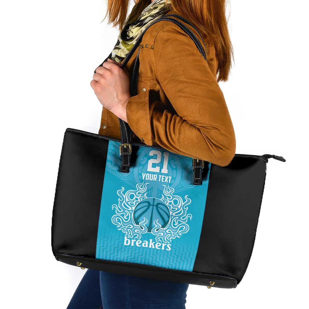 New Zealand Custom Leather Tote Bag Fire Basketball Maori Tribal Sky Blue - Aussie Hoodie