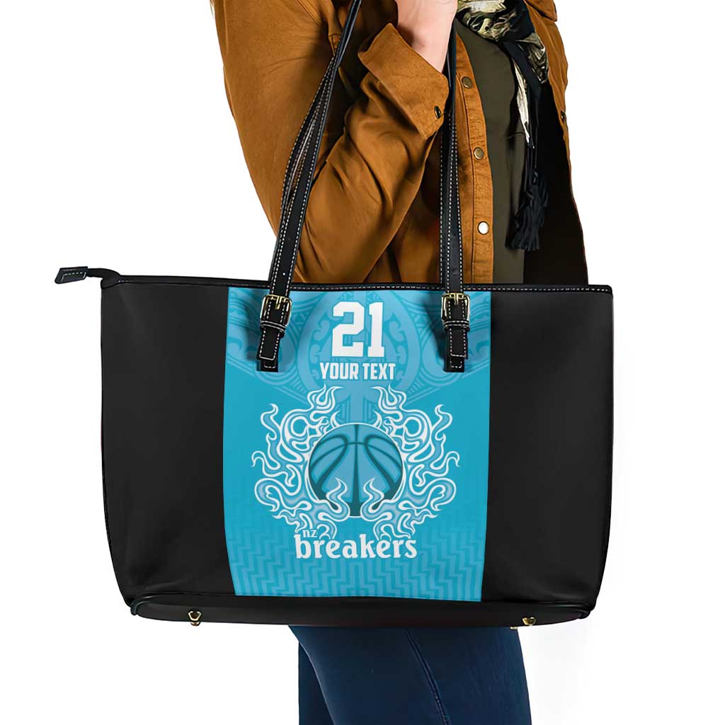 New Zealand Custom Leather Tote Bag Fire Basketball Maori Tribal Sky Blue - Aussie Hoodie