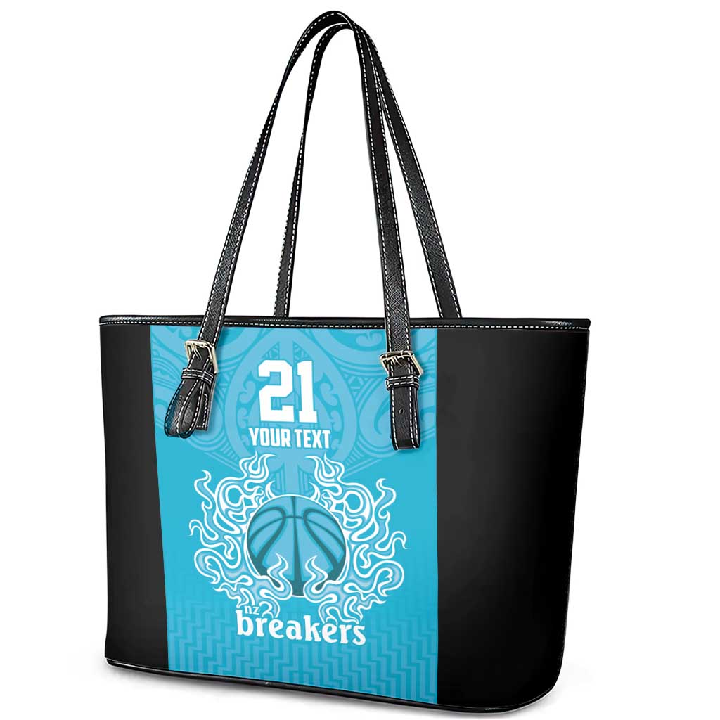 New Zealand Custom Leather Tote Bag Fire Basketball Maori Tribal Sky Blue - Aussie Hoodie