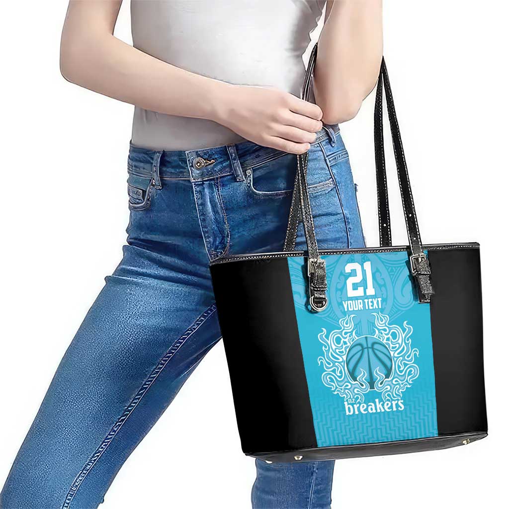 New Zealand Custom Leather Tote Bag Fire Basketball Maori Tribal Sky Blue - Aussie Hoodie