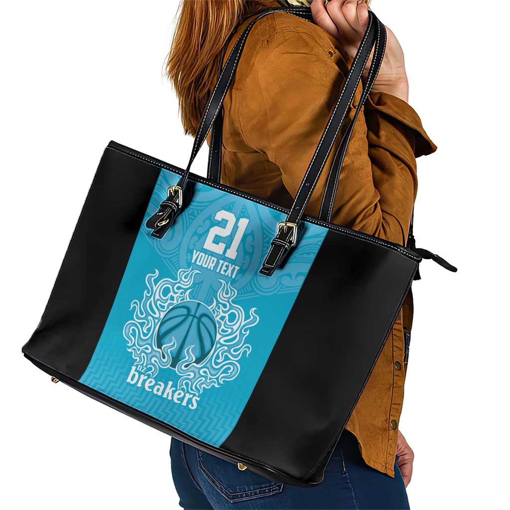 New Zealand Custom Leather Tote Bag Fire Basketball Maori Tribal Sky Blue - Aussie Hoodie