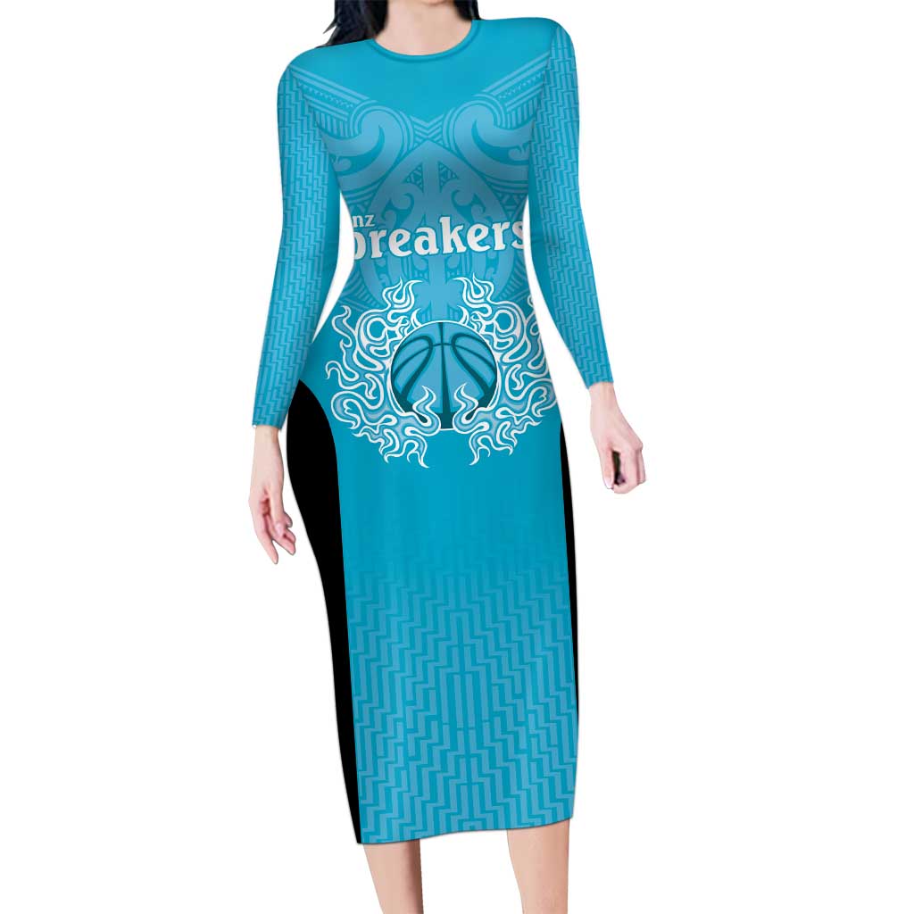 New Zealand Custom Long Sleeve Bodycon Dress Fire Basketball Maori Tribal Sky Blue - Aussie Hoodie