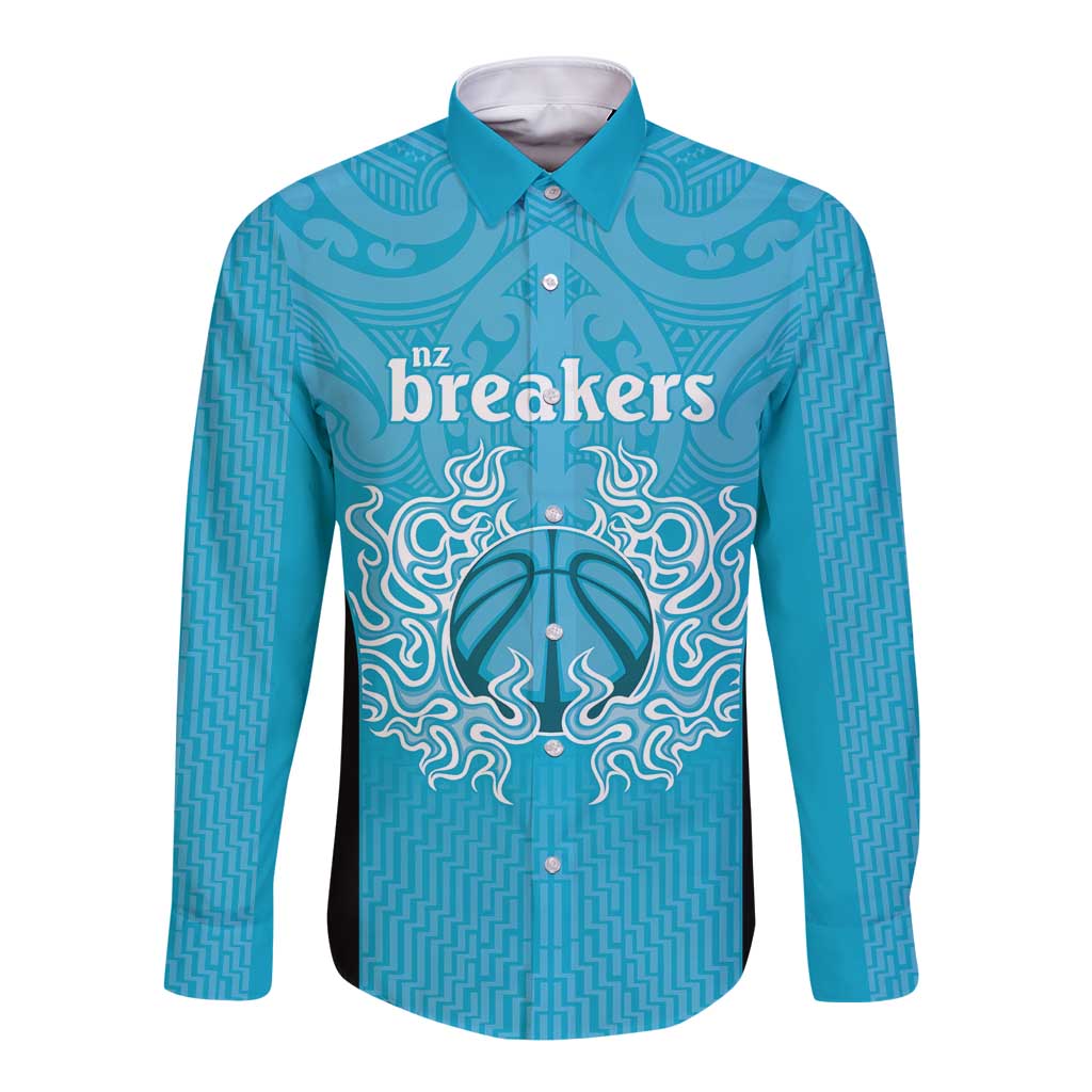 New Zealand Custom Long Sleeve Button Shirt Fire Basketball Maori Tribal Sky Blue - Aussie Hoodie