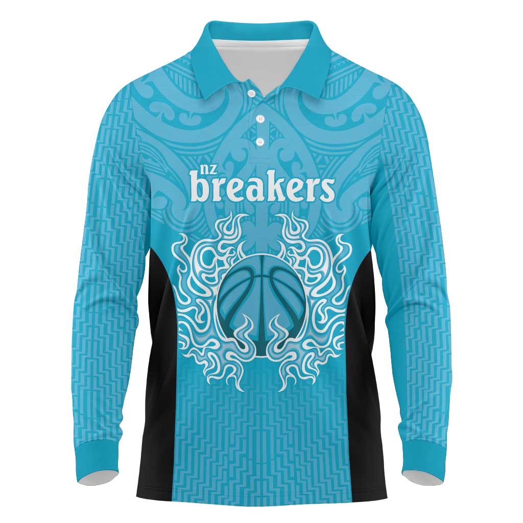 New Zealand Custom Long Sleeve Polo Shirt Fire Basketball Maori Tribal Sky Blue - Aussie Hoodie