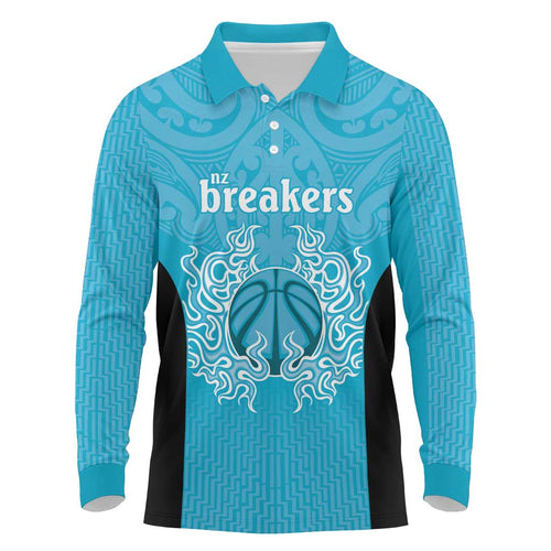 New Zealand Custom Long Sleeve Polo Shirt Fire Basketball Maori Tribal Sky Blue - Aussie Hoodie