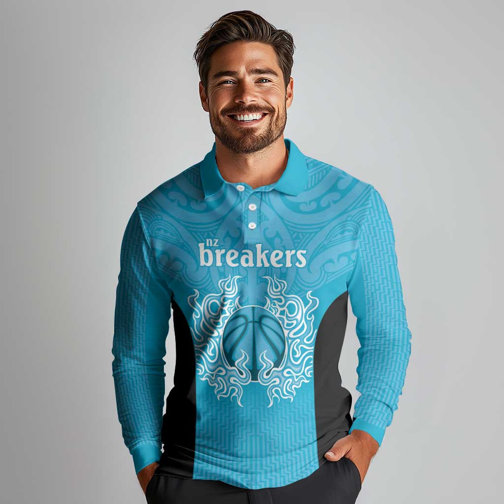 New Zealand Custom Long Sleeve Polo Shirt Fire Basketball Maori Tribal Sky Blue - Aussie Hoodie