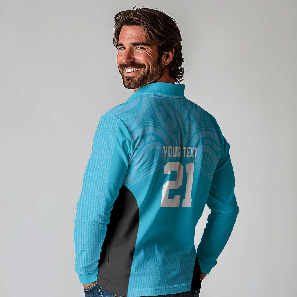 New Zealand Custom Long Sleeve Polo Shirt Fire Basketball Maori Tribal Sky Blue - Aussie Hoodie