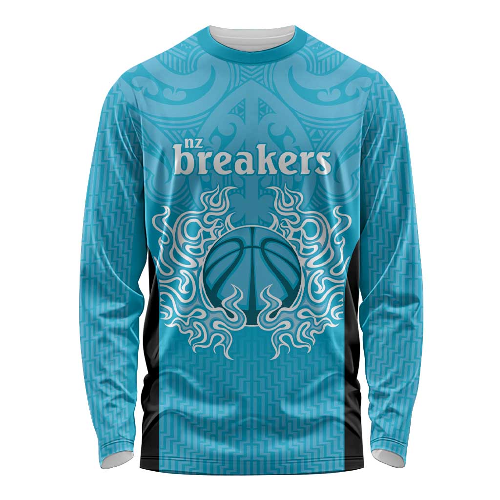 New Zealand Custom Long Sleeve Shirt Fire Basketball Maori Tribal Sky Blue - Aussie Hoodie