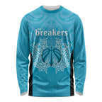 New Zealand Custom Long Sleeve Shirt Fire Basketball Maori Tribal Sky Blue - Aussie Hoodie