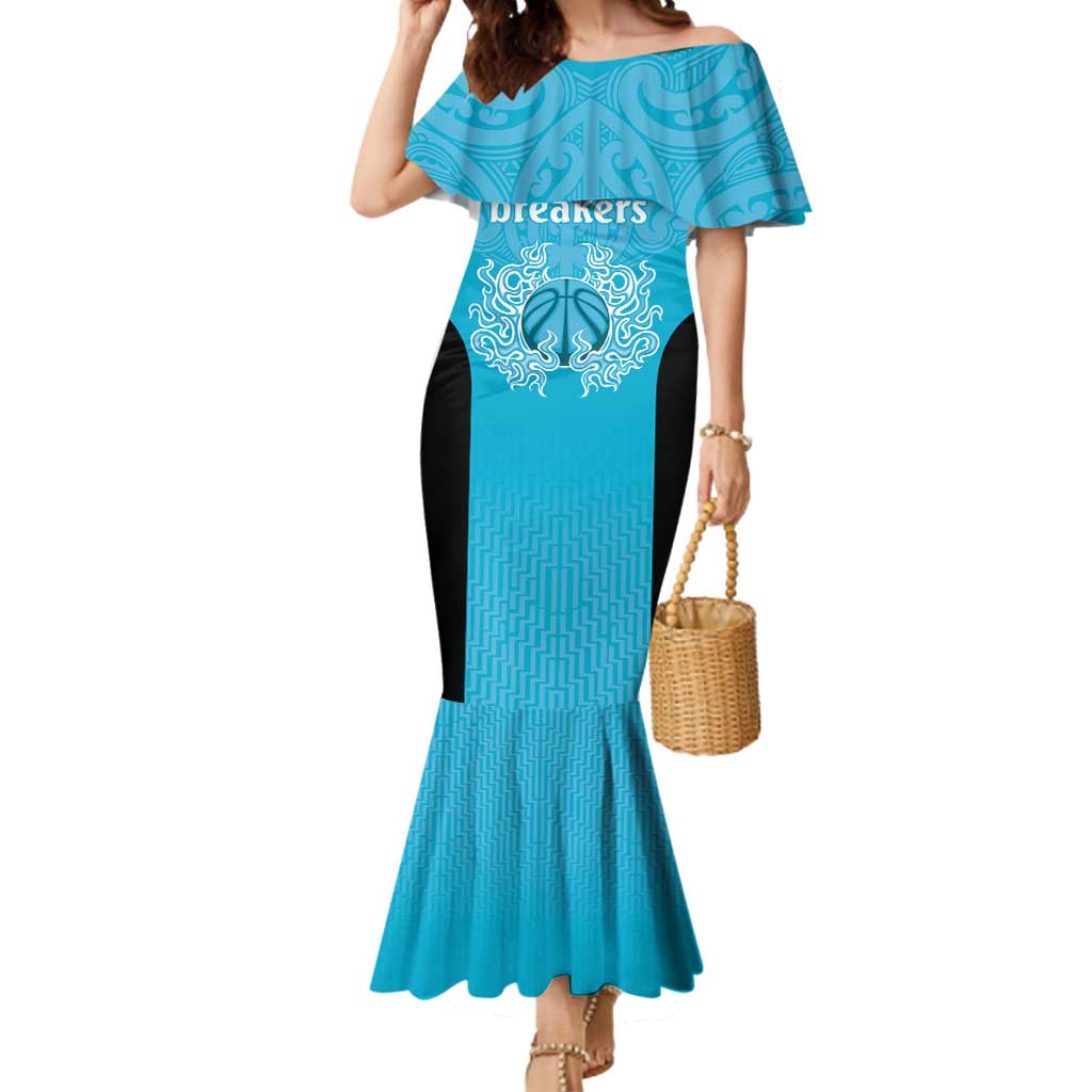 New Zealand Custom Mermaid Dress Fire Basketball Maori Tribal Sky Blue - Aussie Hoodie