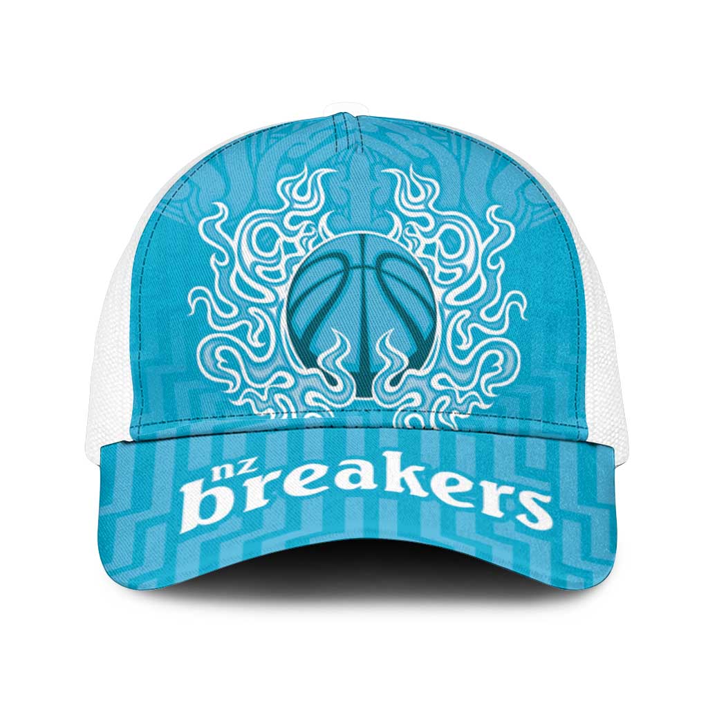 New Zealand Mesh Trucker Cap Fire Basketball Maori Tribal Sky Blue - Aussie Hoodie