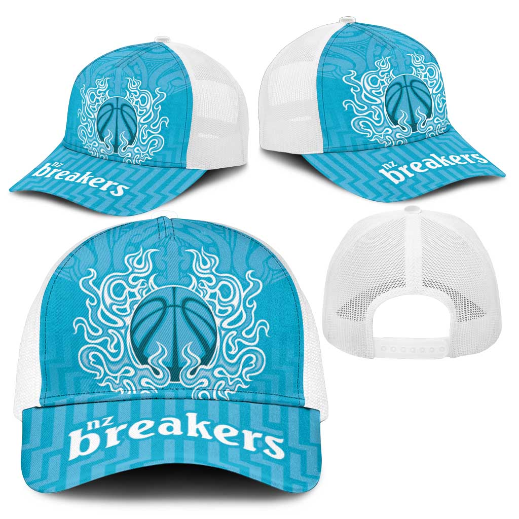 New Zealand Mesh Trucker Cap Fire Basketball Maori Tribal Sky Blue - Aussie Hoodie