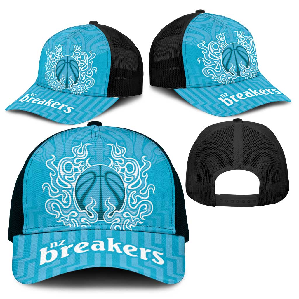 New Zealand Mesh Trucker Cap Fire Basketball Maori Tribal Sky Blue - Aussie Hoodie