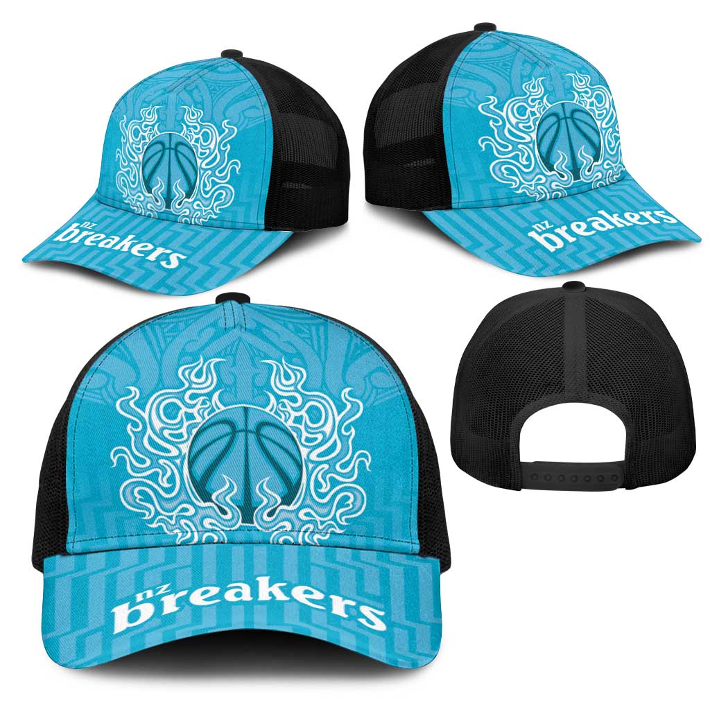 New Zealand Mesh Trucker Cap Fire Basketball Maori Tribal Sky Blue - Aussie Hoodie