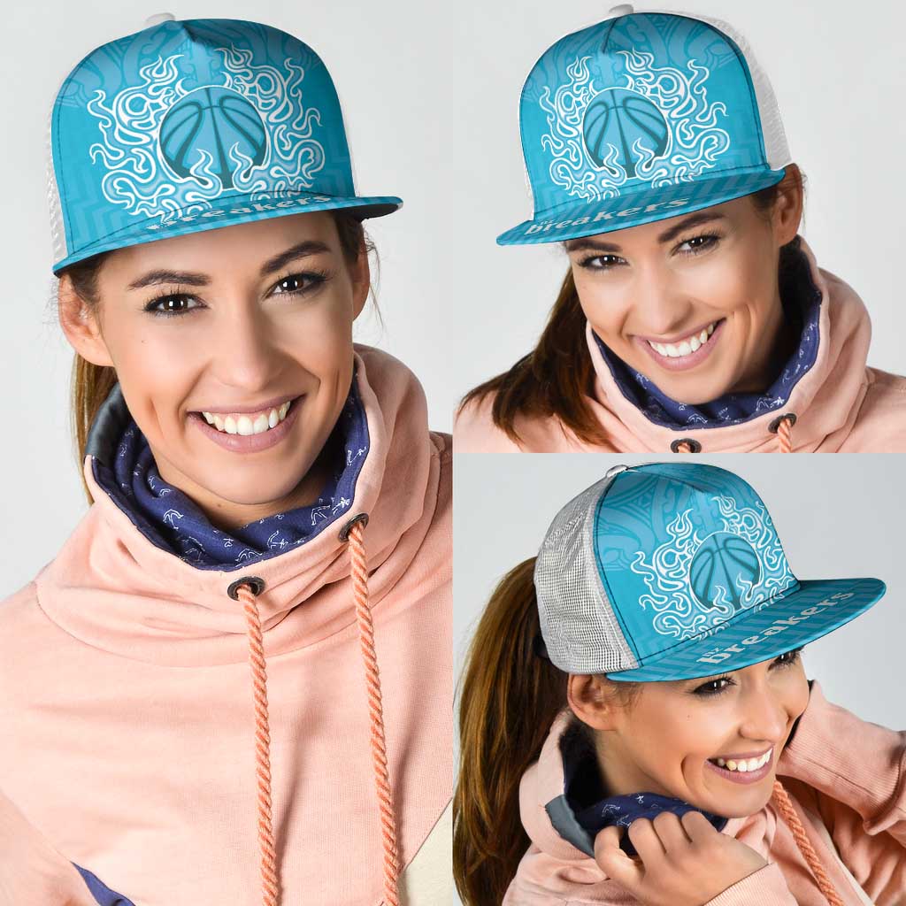 New Zealand Mesh Trucker Cap Fire Basketball Maori Tribal Sky Blue - Aussie Hoodie