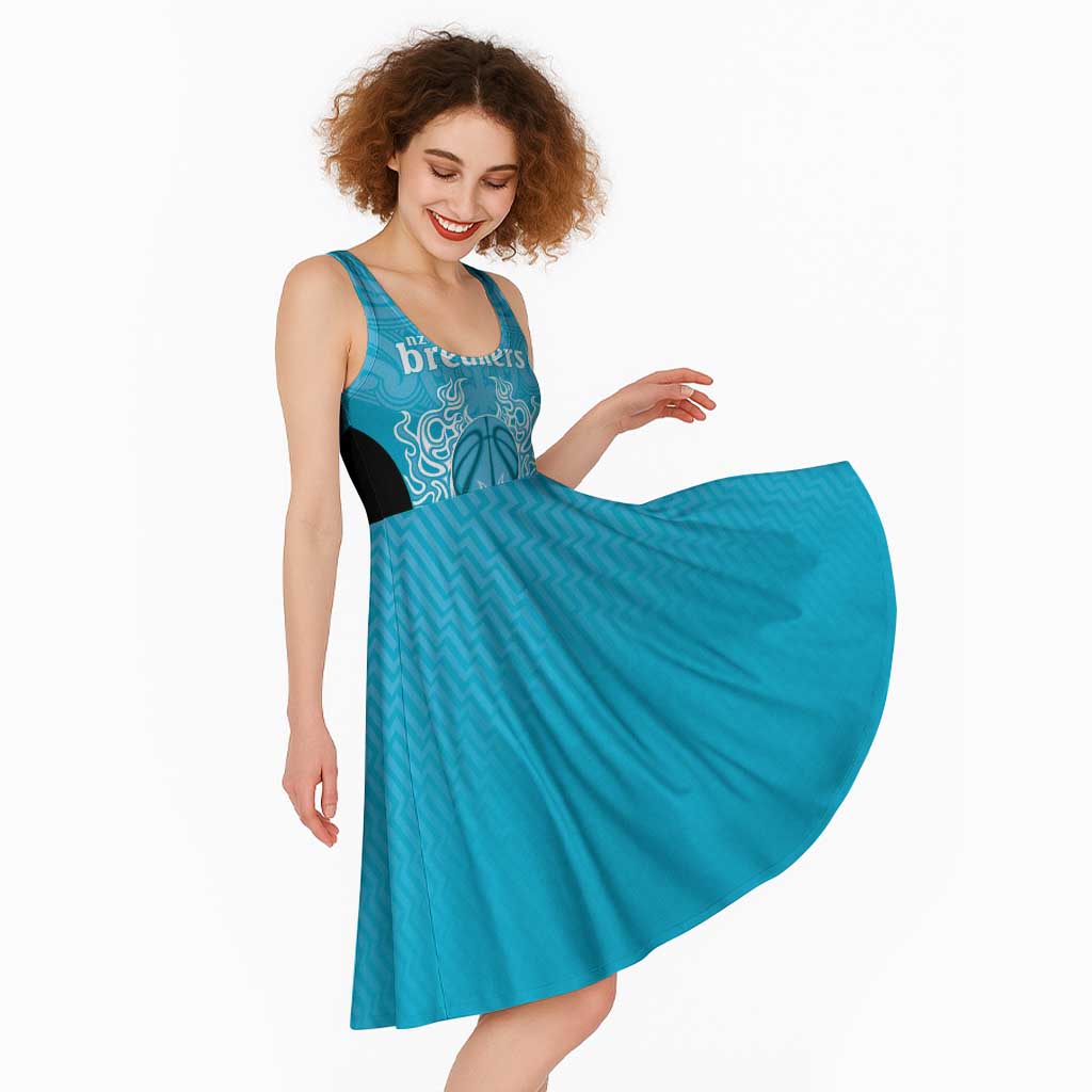 New Zealand Custom Midi Dress Fire Basketball Maori Tribal Sky Blue - Aussie Hoodie