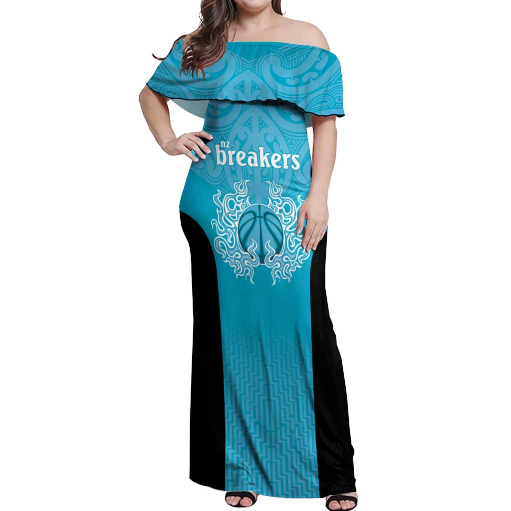 New Zealand Custom Off Shoulder Maxi Dress Fire Basketball Maori Tribal Sky Blue - Aussie Hoodie