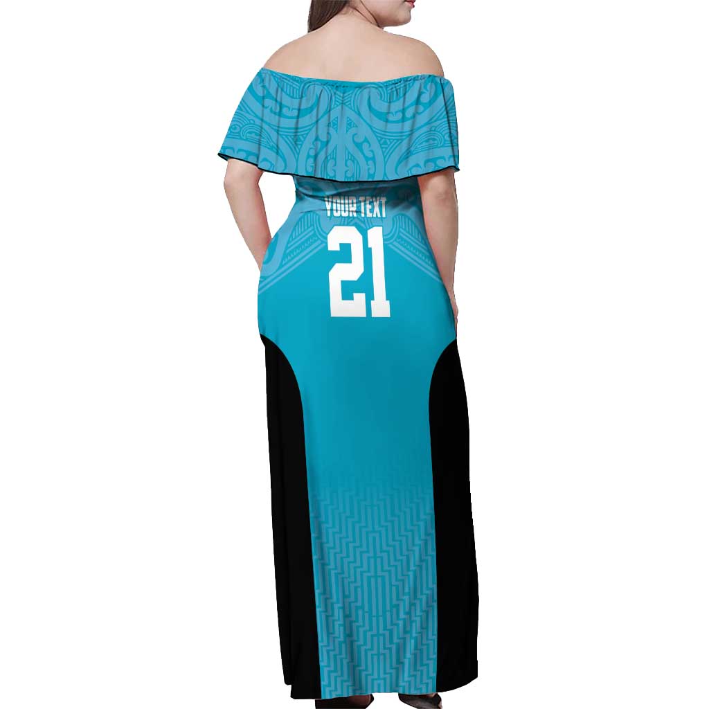 New Zealand Custom Off Shoulder Maxi Dress Fire Basketball Maori Tribal Sky Blue - Aussie Hoodie